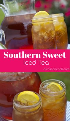 three jars filled with iced tea sitting on top of a table