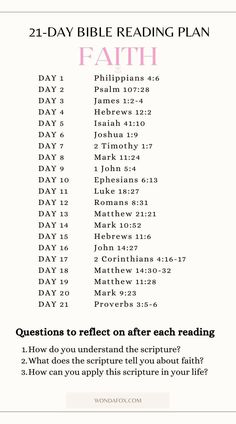 the 21 day bible reading plan is shown in pink and white with text that reads,