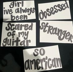 four pieces of paper with different type of words on them, all in black and white