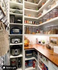 an organized pantry with lots of food and containers on the shelves, along with other items