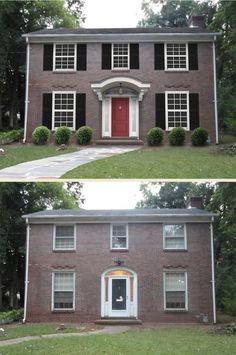 before and after shots of a brick house with white trim on the front, red door and windows