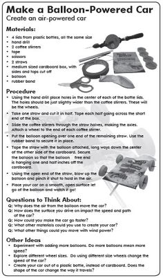 the instructions for how to make a balloon powered car with pictures and text on it