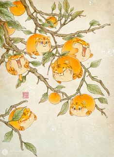 an orange tree with five cats hanging from it's branches