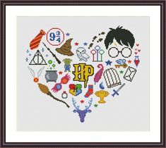 a cross stitch heart with harry potter's symbols and other items in the shape of a