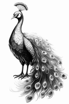 a black and white drawing of a peacock with its tail feathers spread out to the side