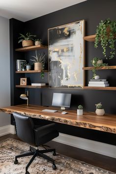 a home office with black walls and wooden desks, potted plants and bookshelves