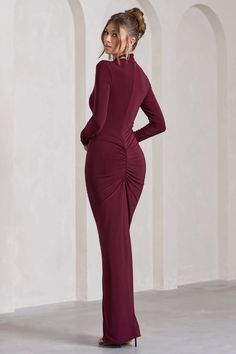 Timeless yet contemporary, Lynn was designed to see you through any formal event. Crafted in a luxurious burgundy hue, this long-sleeve maxi dress arrives in a body sculpting stretch jersey that effortlessly caresses your contours. Defined by a ruched drawstring detail, Lynn is finished with a striking high-leg split.   Features  - Premium stretch jersey - High neckline  - Long sleeves - Invisible zip closure  - Ruched drawstring detail - Partial ruching - High leg spit - Maxi length    Sizing & Fit  Model is5'7' and wears UK size8 / US size 4   Product Information     Double layered with good stretch  Premium jersey in Burgundy (95% Polyester, 5% Elastane)  155cm total length  SKU: CL129797069 Long Sleeve Bodycon Elastane Maxi Dress, Bodycon Long Sleeve Elastane Maxi Dress, Long Sleeve Bodycon Maxi Dress In Elastane, Bodycon Long Sleeve Maxi Dress In Elastane, Bodycon Long Sleeve Ruched Maxi Dress, Fall Formal Bodycon Maxi Dress, Long Sleeve Ruched Maxi Dress For Dinner, Formal Long-sleeve Elastane Maxi Dress, Formal Long Sleeve Maxi Dress In Elastane