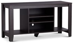 a black entertainment center with shelves and drawers