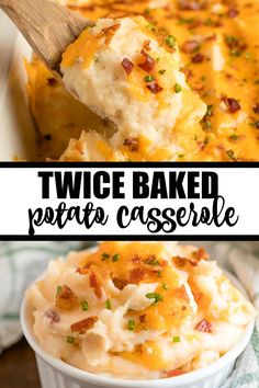 two pictures showing different types of baked potato casserole with text overlay that reads twice baked potato casserole