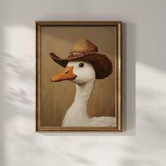 a painting of a duck with a hat on it's head is hanging on the wall