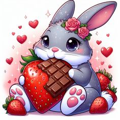 a cartoon bunny holding a chocolate bar and strawberry