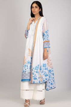 Light Blue Printed Long Sleeve Set, Blue Kurta With Printed Border For Eid, Traditional Blue Sets With Digital Print, Blue Printed Unstitched Sets, Blue Traditional Printed Sets, White Digital Print Kurta For Summer, Summer White Kurta With Digital Print, Blue Cotton Sets With Printed Border, Blue Floral Print Sets For Eid