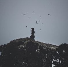 a woman sitting on top of a mountain surrounded by birds