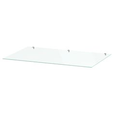 a glass shelf with two metal brackets on the bottom and one in the middle, against a white background