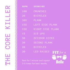 the core killer workout plan is shown in purple and white, with an image of a woman