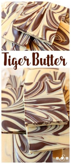 homemade tiger butter fudge bars are stacked on top of each other