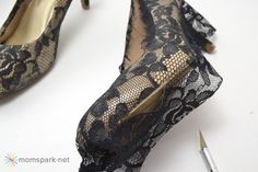 Shoe Tutorial, Diy Heels, Shoe Refashion, Shoe Makeover, Black Lace Fabric, Diy Sandals, Diy Sneakers, Creative Shoes, Shoes Hack