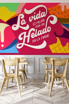 a restaurant with colorful wallpaper and wooden chairs