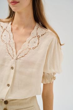 Summer 17 | openwork 100% linen blouse with lace Medieval Blouse, Beige Cottagecore, Leaves In The Wind, Cottagecore Blouse, Linen Fashion, Feminine Top, Dyed Linen, Women's Blouses, Traditional Fabric