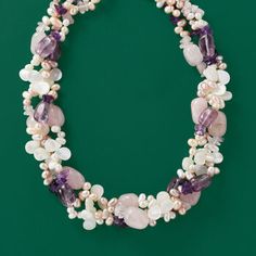 Ross-Simons - 8mm Cultured Pearl, 330.00ct t. w. Rose Quartz Torsade Necklace, 145.00ct t. w. Amethysts. 18". A striking display of blush hues, this torsade necklace will leave people staring! It boasts five strands of 8mm cultured freshwater semi-baroque pearls, 330.00 ct. t. w. rose quartz beads and 145.00 ct. t. w. amethyst beads with a polished sterling silver lobster clasp. Includes a 2" extender. Amethyst, rose quartz and white pearl torsade necklace. Pearl birthstones are the perfect gift Elegant Amethyst Rondelle Necklaces, Elegant Amethyst Rondelle Necklace, Elegant Pink Multi-stone Necklace, Elegant Pink Pearl Necklace With Natural Stones, Pink Rondelle Elegant Jewelry, Elegant Pink Rondelle Jewelry, Elegant Lavender Multi-stone Jewelry, Elegant Lavender Necklaces With Gemstone Beads, Elegant Lavender Necklaces With Natural Stones