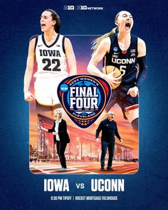 two women basketball players are in front of a poster for the final four, which is on display