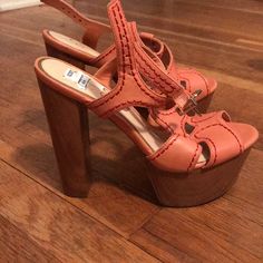 Brand New! Beautiful Peach Platform Sandals. Wood Sole, Leather Upper Chic Orange Platform Wedge Sandals, Orange Leather Platform Wedge Sandals, Orange Platform Heels In Synthetic Material, Orange Platform Heels, Orange Synthetic Platform Heels, Jessica Simpson Shoes, Hot Shoes, Jessica Simpson, Chunky Heels