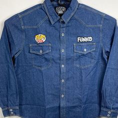 Shirt is in new condition and has not been worn. No Tags! Great looking denim shirt. All of the above pictures are of the actual shirt that you will receive. Please take the time to review all the pictures, use the zoom function if necessary so you can see the actual details for yourself before purchasing. Will be shipped USPS mail. Tracking information will be uploaded for the buyer to review during transit. Thank you for reading. Additional 5% Discount for all who have served our wonderful cou Super Store, Long Sleeve Button Up Shirt, Denim Patches, Denim Shirt, Button Up Shirt, Funko Pop, Casual Button Down Shirts, Denim Button Up, Button Up Shirts