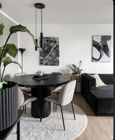 a living room filled with furniture and a large plant in the middle of the room