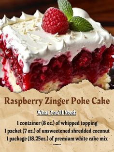 raspberry zinger poke cake with whipped cream