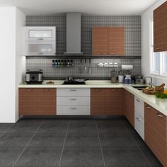 a large kitchen with brown cabinets and white counter tops on the walls is pictured in this image