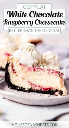 a slice of white chocolate raspberry cheesecake on a plate