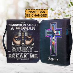 two zippered bags with the words i'm a warrior of christ and a woman of faith on them