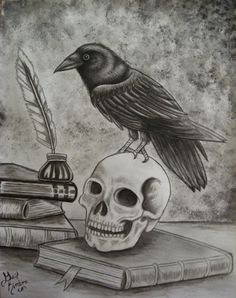 a drawing of a crow sitting on top of a skull next to books and a feather