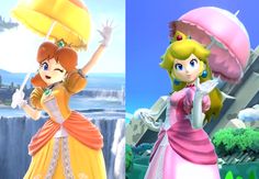 mario and princess peach standing next to each other in front of a castle with an umbrella