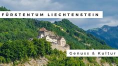 an old castle on top of a mountain with the words, fussentum liechenstein genius & kultur