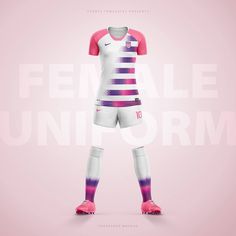 a female soccer uniform with pink and white stripes on the chest, in front of a pink background