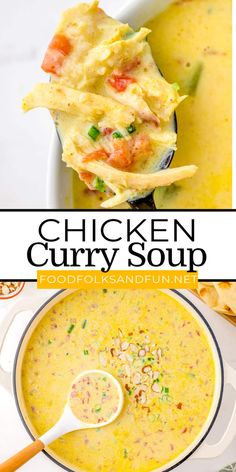 chicken curry soup in a white bowl with a spoon on the side and text overlay that reads chicken curry soup