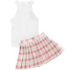 Size: 2t 3t 4t 5t 6 Material: Cotton Care: Machine Wash Fitted Sets For School Spring Season, Fitted Spring Sets For School, Spring School Fitted Sets, Cute White Skirt For School, Playful White Fitted Skirt, Cute White School Skirt, Cute Sleeveless School Sets, Cute Fitted School Set, White Ribbed Tank Top