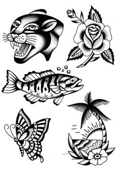 four different tattoo designs with flowers and fish