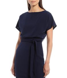 Kensie Textured Knit Boat Neck Tie Waist Short Sleeve Blouson Dress | Dillard's Chic Office Belted Dress With Tie Waist, Casual Fitted Belted Dress With Tie Waist, Fitted Belted Mini Dress With Tie Waist, Formal Short Sleeve Belted Mini Dress, Formal Short Sleeve Mini Dress With Belt, Elegant Viscose Dress With Tie Waist, Elegant Viscose Midi Dress With Tie Waist, Chic Fitted Belted Dress With Tie Waist, Fitted Viscose Midi Dress With Tie Waist