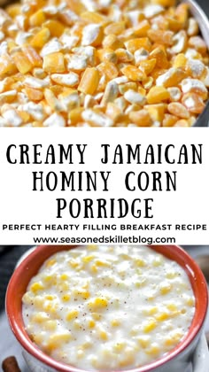 creamy jamaican corn porridge in a red bowl on a white plate with text overlay