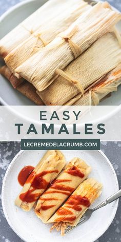 an image of tamales on a plate with ketchup and sauce in the middle