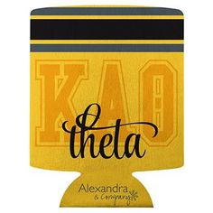 a yellow and black can cooler with the word delta on it's front side