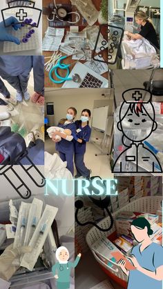 collage of nurses and nurses in the hospital