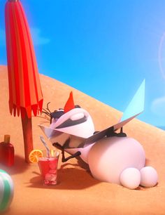 a cartoon character laying in the sand with an umbrella