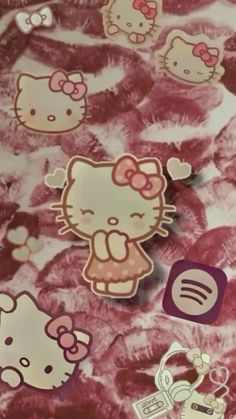 an image of hello kitty stickers on a bed sheet with pink and white designs