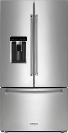 a stainless steel refrigerator freezer with water dispenser on the front and bottom