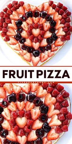 A dessert pizza for your Valentine's Day food ideas! With a sugar cookie crust, cream cheese frosting, and a topping of berries and cherries, this Valentine's Day Fruit Pizza is pretty and delicious! Save this Valentine's Day dessert recipe!