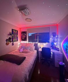 a bed room with a neatly made bed and a neon light on the wall above it