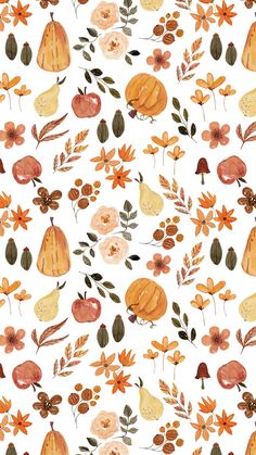 watercolor fall leaves and acorns pattern on white paper with orange, brown, yellow and green colors